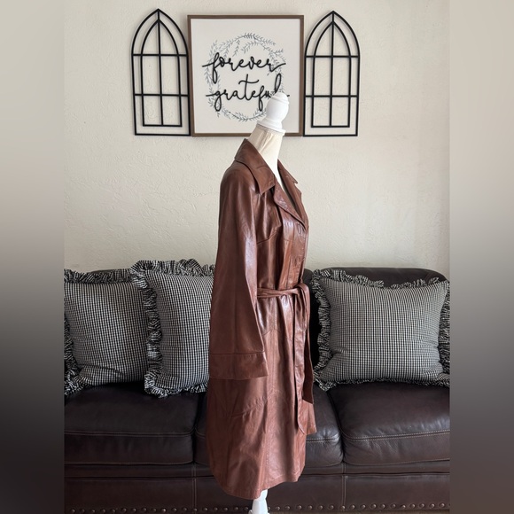 Vintage Rare 24K By Dan Di Modes Brown Leather Belted Trench Coat Fall - Picture 14 of 16